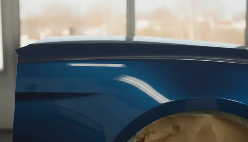 A freshly refinished blue fender under booth light, the wheel opening still masked with brown paper