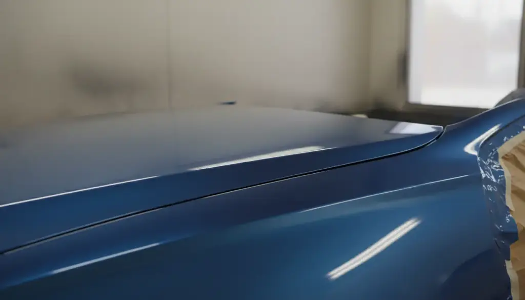 A glossy blue hood and fender line under booth light, the body line reading clean