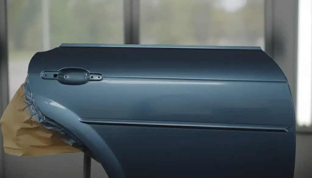 A blue-gray car door under soft booth light, the rear edge wrapped in masking paper