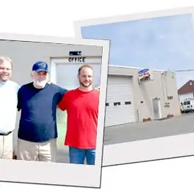 A two-photo collage: three men standing outside the shop office door, and the shop building with its garage bay door